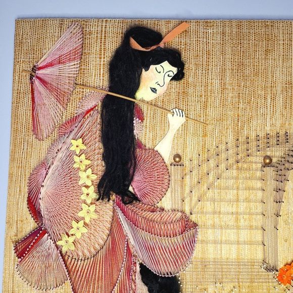 Handmade 1981 Asian Geisha Detailed Ornate String Folk Art on Burlap Canvas - Picture 2 of 10